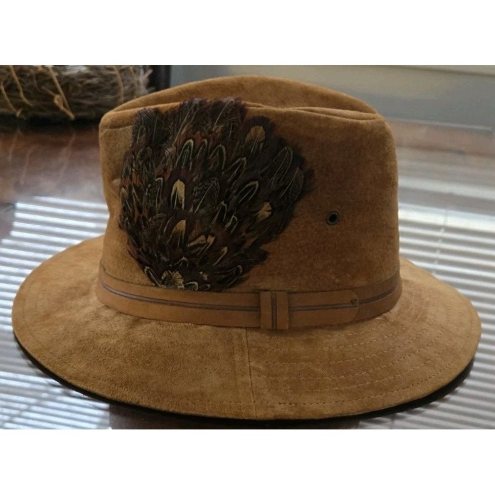Vintage Suede Fedora Hat Pheasant Feather Trim USA Made Boho Western - Picture 5 of 11